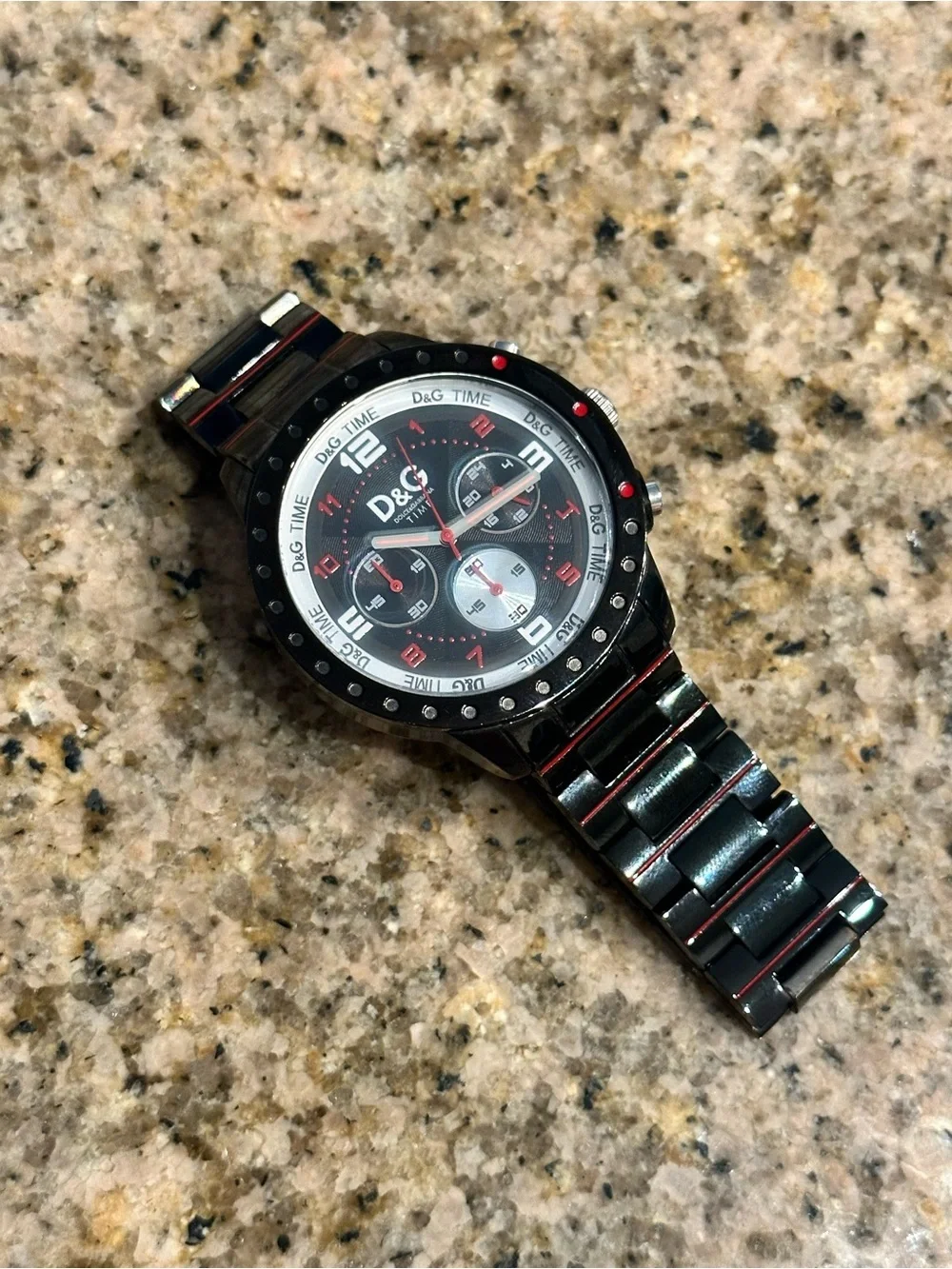 D&G Dolce & Gabbana Time Chronograph Watch Black Red Stainless Steel
